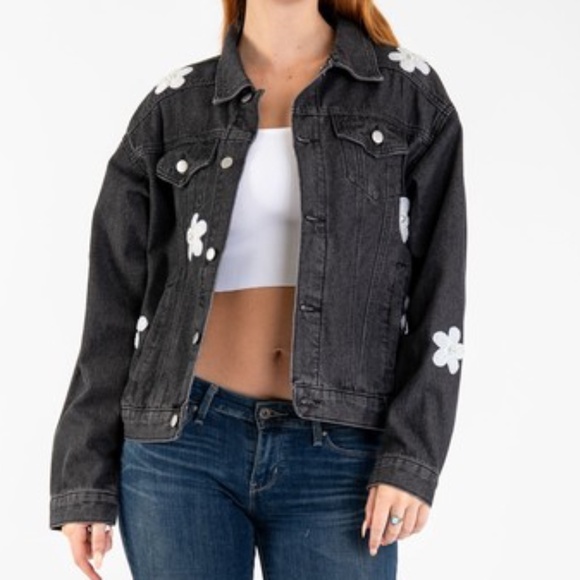 Bluevelvet Black Floral Patch Button Down Denim Jean Jacket - Picture 3 of 6